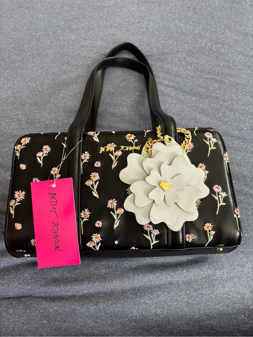 Betsey Johnson Black Satchel with White Floral Charm and Embroidered Daisies